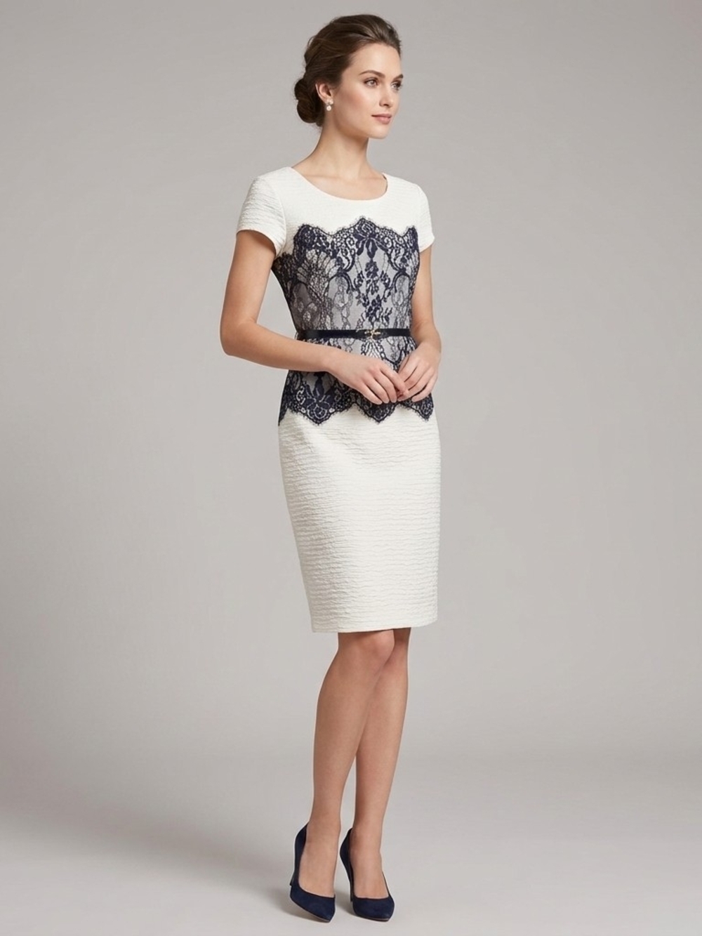 Joseph Ribkoff White Midi Dress with Navy Lace Overlay